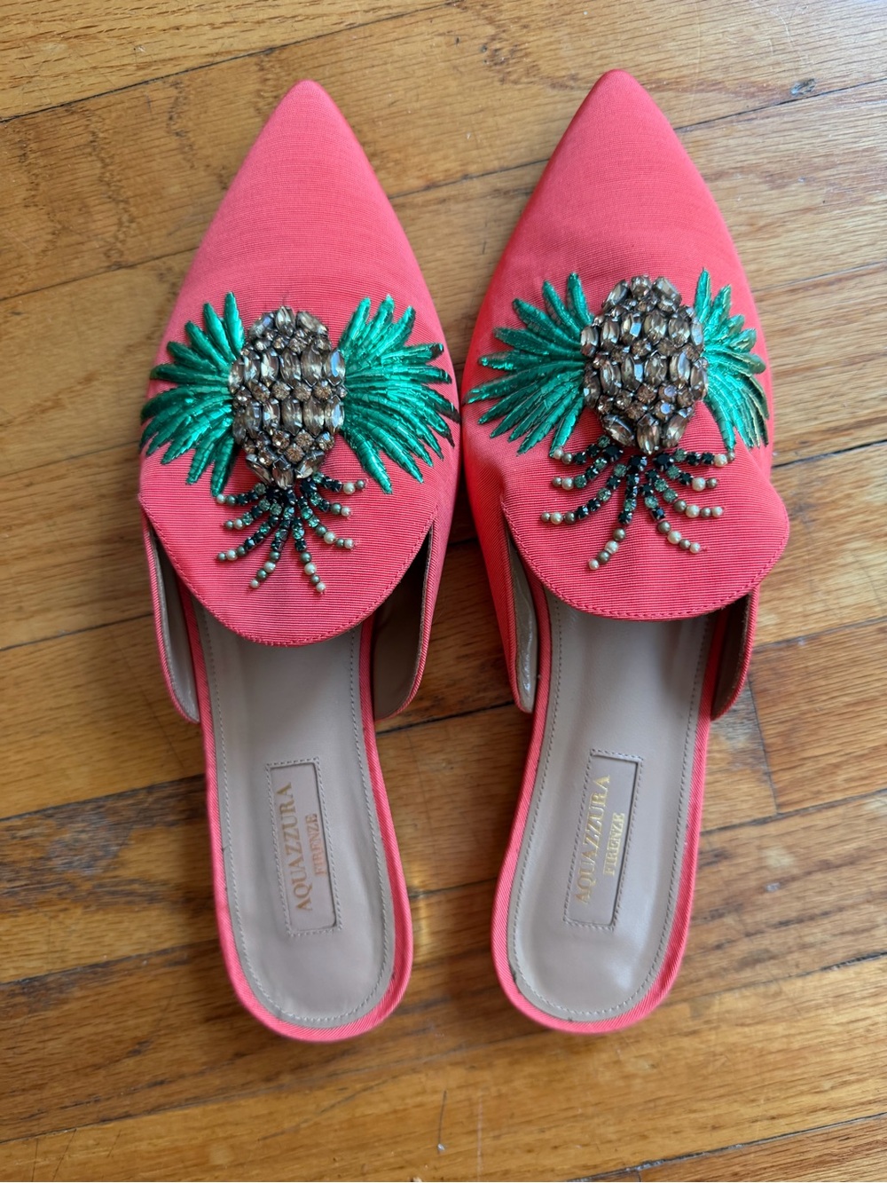 Aquazzura Coral Mules with Pineapple Crystal & Pearls Embellishments